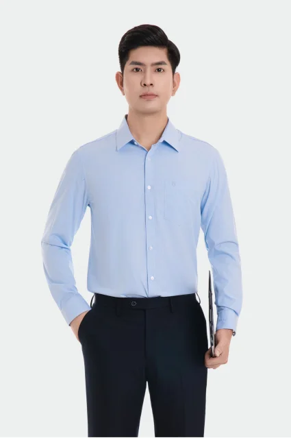Áo sơ mi nam dài tay 23ASM-986 chất liệu cotton kẻ sọc xanh dáng suông đơn giản Thái Hòa