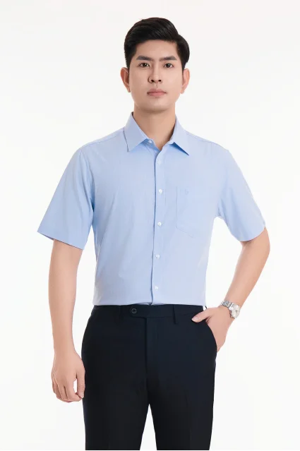 Áo sơ mi nam ngắn tay 23ASM-987 chất liệu cotton kẻ sọc xanh dáng suông đơn giản Thái Hòa