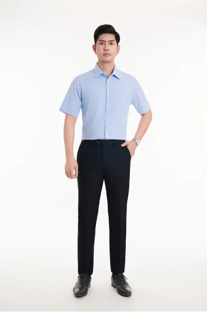 Áo sơ mi nam ngắn tay 23ASM-987 chất liệu cotton kẻ sọc xanh dáng suông đơn giản Thái Hòa