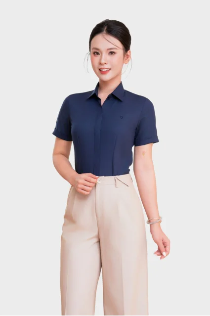 Áo sơ mi nữ 24ASW-246 ngắn tay sợi cotton phối poly vải trơn cao cấp nẹp khuy chiết ly eo Thái Hòa