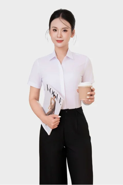 Áo sơ mi nữ 24ASW-246 ngắn tay sợi cotton phối poly vải trơn cao cấp nẹp khuy chiết ly eo Thái Hòa