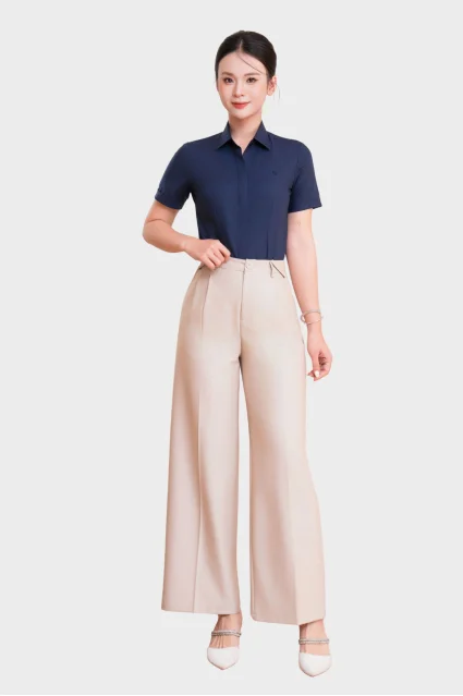 Áo sơ mi nữ 24ASW-246 ngắn tay sợi cotton phối poly vải trơn cao cấp nẹp khuy chiết ly eo Thái Hòa