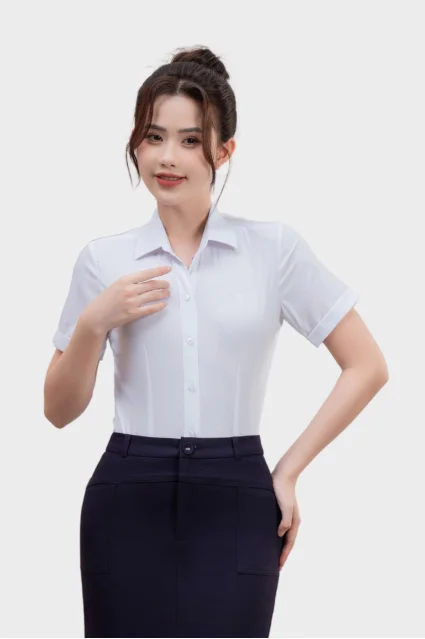 Áo sơ mi nữ ngắn tay Thái Hòa 25ASW-267 vải Bamboo Cotton cao cấp bản nẹp khuy có chiết eo cao cấp