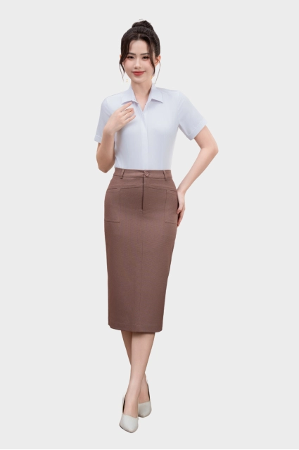 Chân váy nữ Thái Hòa 25CVW-271 dáng bút chì cạp cao 2 lớp form dài qua gối cạp 1 khuy