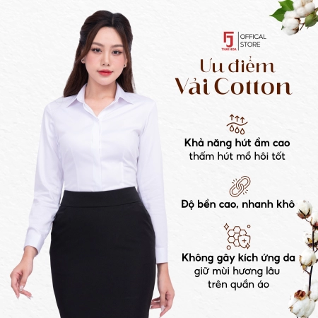 Áo sơ mi trắng nữ thiết kế công sở dài tay giấu cúc cotton phối poly cao cấp Thái Hòa 23ASW-216