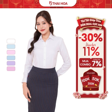 Áo sơ mi nữ Thái Hòa thiết kế công sở dài tay kẻ tăm nhiều màu cao cấp ASW0101-R05
